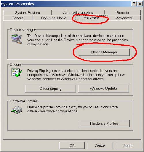 Screenshot des Fensters Systemeigenschaften mit hervorgehobener Registerkarte Hardware (wo sich die Schaltfläche zum Starten des Geräte-Managers befindet).