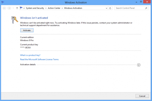 Windows 8-Aktivierungsbildschirm