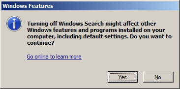 Windows Search Deinstallation Warnung