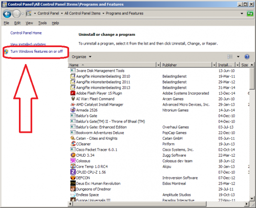 Screenshot von Seleting " Windows-Funktionen ein-oder ausschalten"