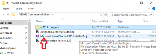 Pfeil auf Microsoft Visual Studio 2015 Installer Projects