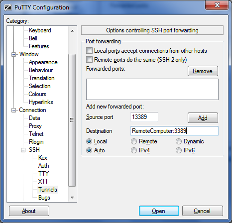 Screenshot von PuTTY mit einer Beispielkonfiguration