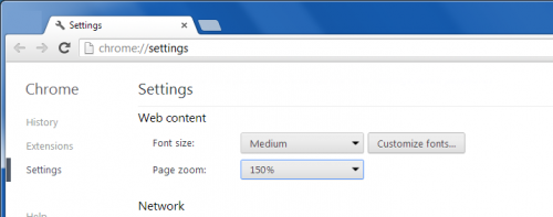 Screenshot der Standard-Zoom-Einstellung in aktuellen Versionen von Chrome