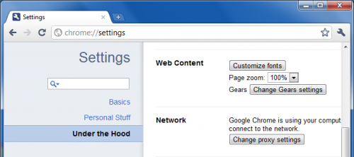 Screenshot von Tabbed-Optionen Einstellung älterer Versionen von Chrome