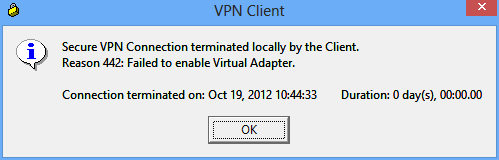 Sichere VPN-Verbindung lokal vom Client beendet. Grund 442: Virtueller Adapter konnte nicht aktiviert werden. Verbindung beendet.