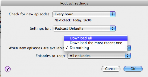 iTunes podcast-Fenster Einstellungen