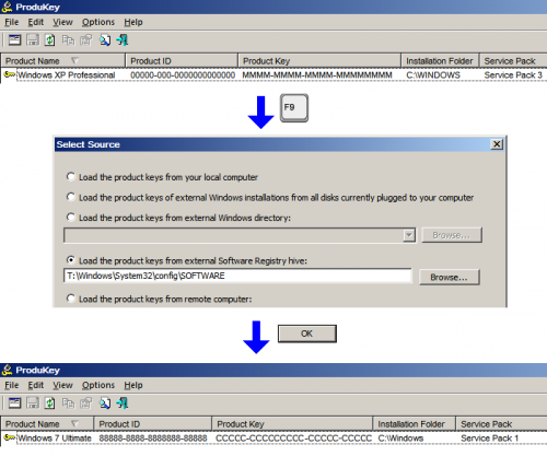 Screenshot von ProduKey mit angezeigter Standard-Windows-Taste und angezeigter externer Windows-Taste