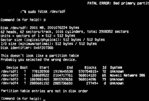 bild zeigt die Ausgabe von fdisk für ein Windows-formatiertes Laufwerk