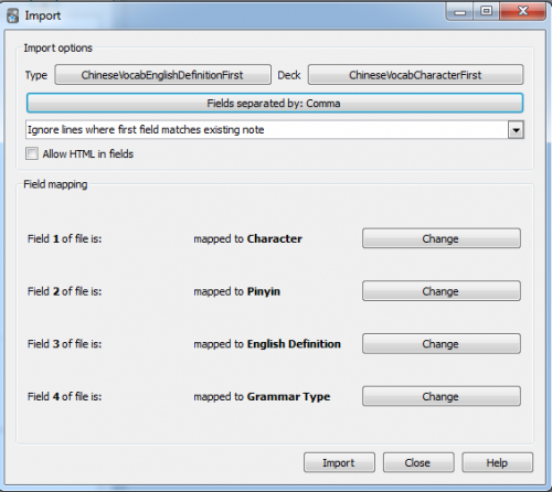 Screenshot: Import einer CSV-Datei in Anki