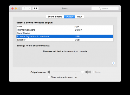 Ein Screenshot des Sound Preferences Panels von OS X mit dem ausgewählten externen digitalen Audiointerface